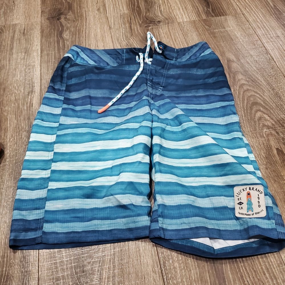 Boys Lucky Brand Swim Shorts Size 16 Blue Striped Swim Trunks